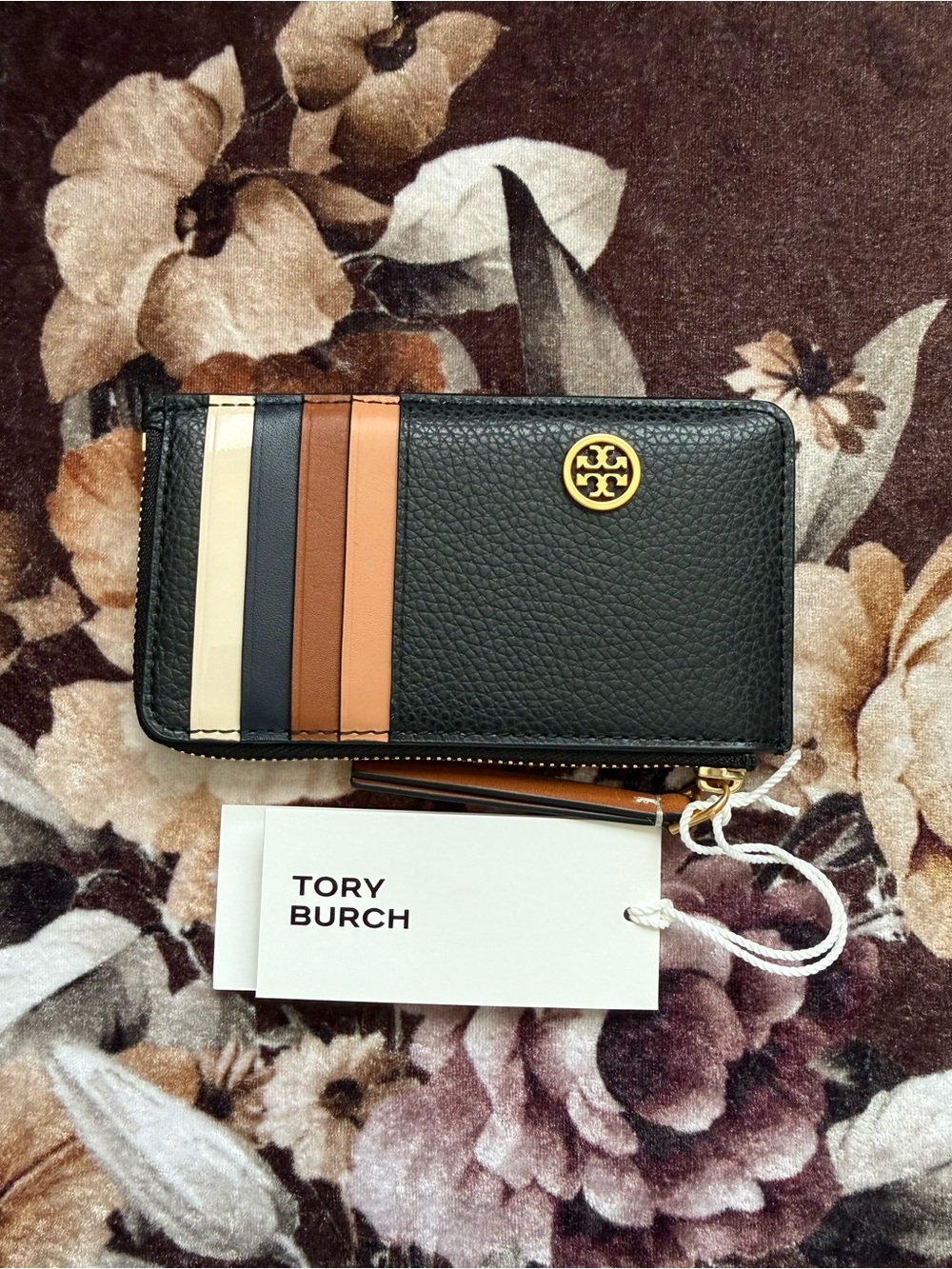 TORY BURCH Black Pebble Leather Robinson Gold-Tone Hardware Card Case NWT